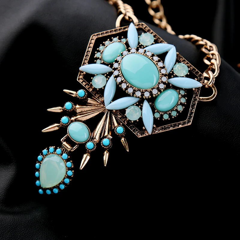 European Style Gold Color Chunky Chain Short Maxi Necklace Blue Resin Stone Vintage Water-drop Statement Jewelry | Украшения и