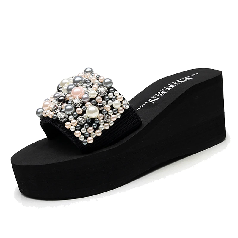 SHUJIN Pearls Slides Women Sandals Heel Slippers Torridity Sandal Shoes Handmade Bohemia Crystal Female Outdoor Shoes Slippers