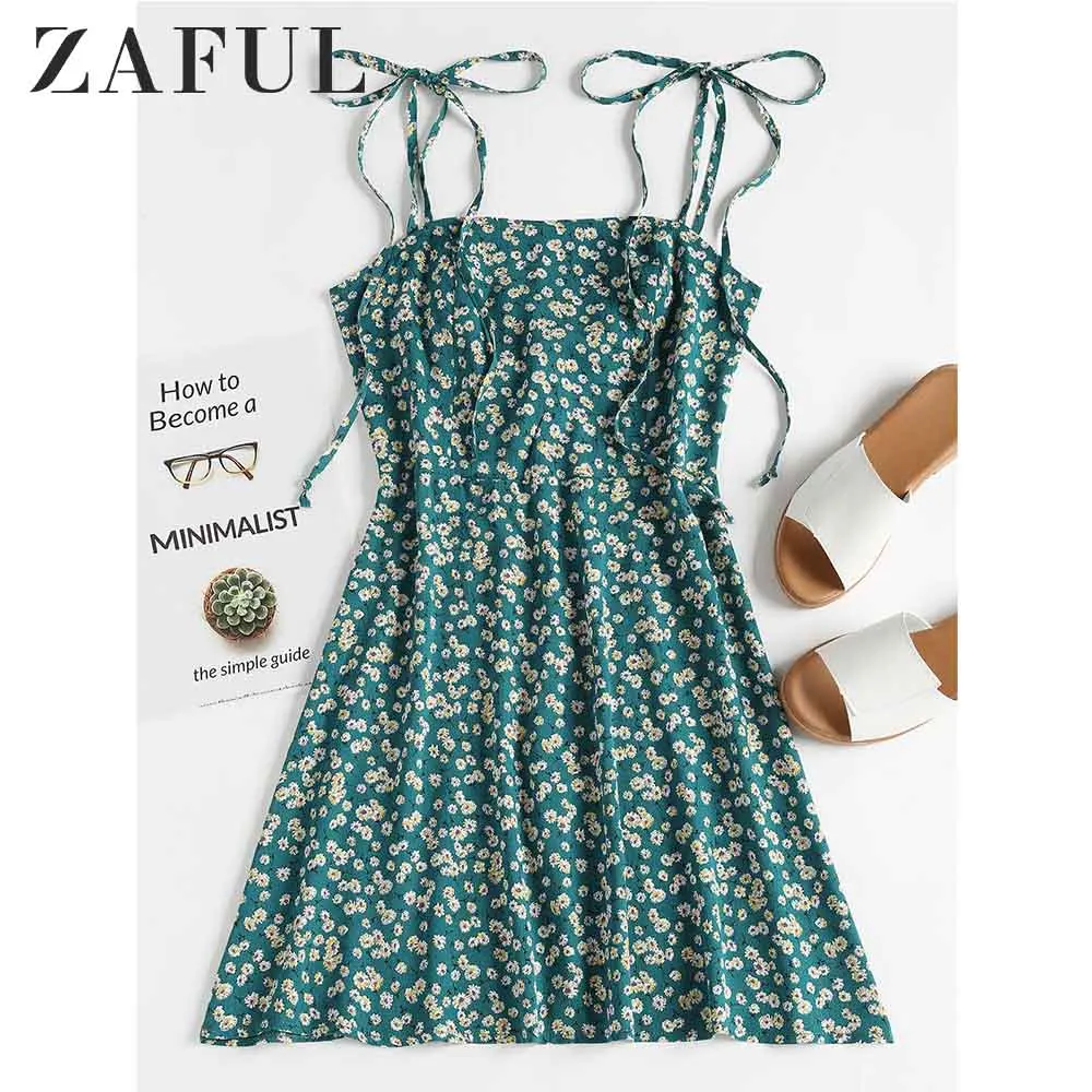 ZAFUL Цветочный Фартук для Галстука и Цвета Мини-Сарафан Женское Платье Лето Тонкий