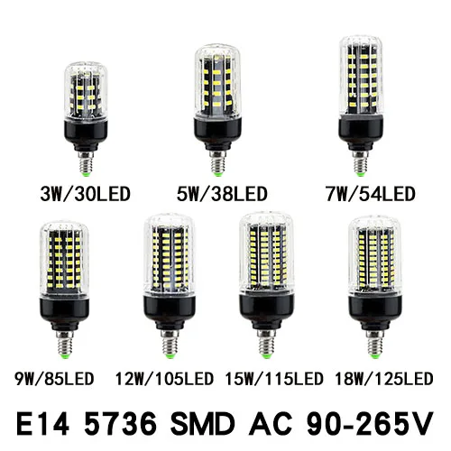 Black cover E14 Светодиодный светильник-кукуруза E27, E14, 110 В, 220 В, SMD5730, 3 Вт, 7 Вт, 12 Вт, 15 Вт, 18 Вт, светильник, лампада, светодиодный, диодные лампы, энергосберегающий светильник для дома - Испускаемый цвет: Black cover E14