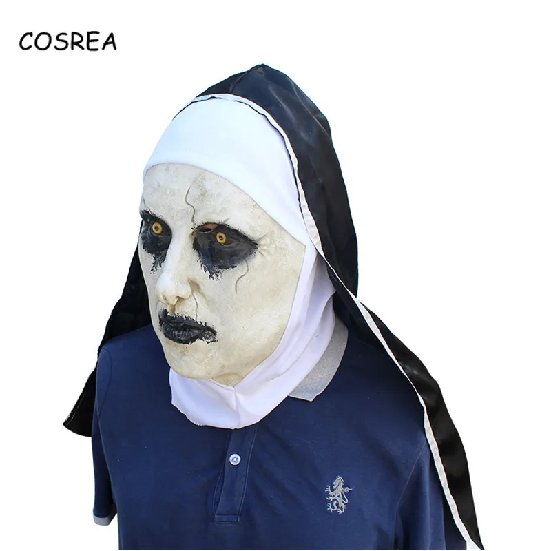 

Movie The Nun Long Dresses Face Mask Helmet Head Wear Uniform Halloween Black Floor Length Women Female Costumes Cosplay