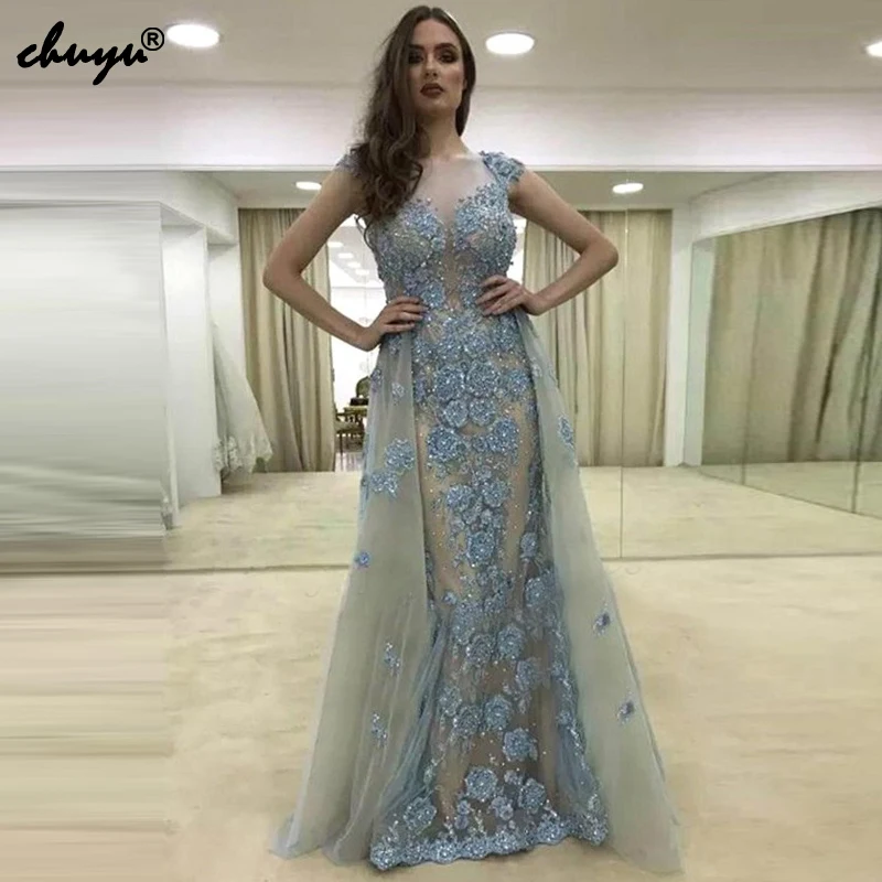 Синие мусульманские Вечерние платья с милым отстегивающимся шлейфом Украшенные