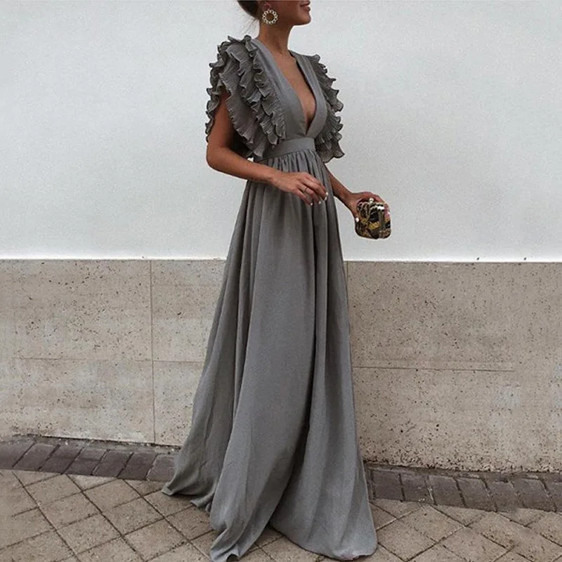 Maxi Summer Women Long V Neck Plus Size Dress S-3XL Ruffle Vestido Butterfly Sleeve Weeding Party Elegant Robe Femme W1097 | Женская