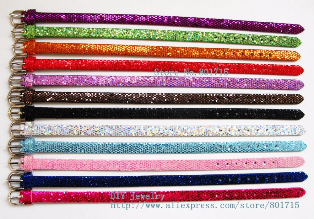 Wholesale 50pcs DIY Accessory Sequins PU Leather Sequin Wristband mix color 8mm wide 21cm length fit slide charm free ship | Украшения и