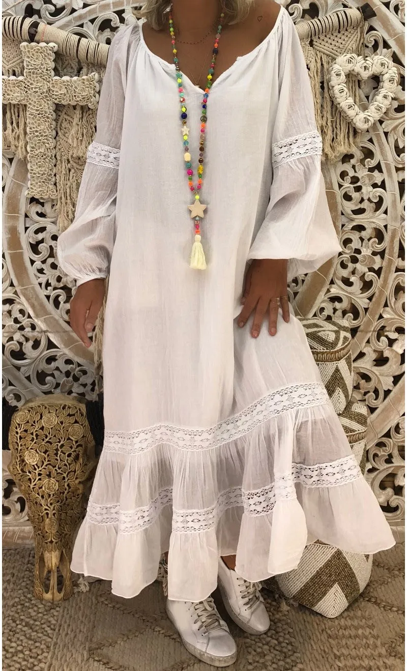 Женское Модное Длинное Платье в стиле бохо с кружевными вставками и оборками