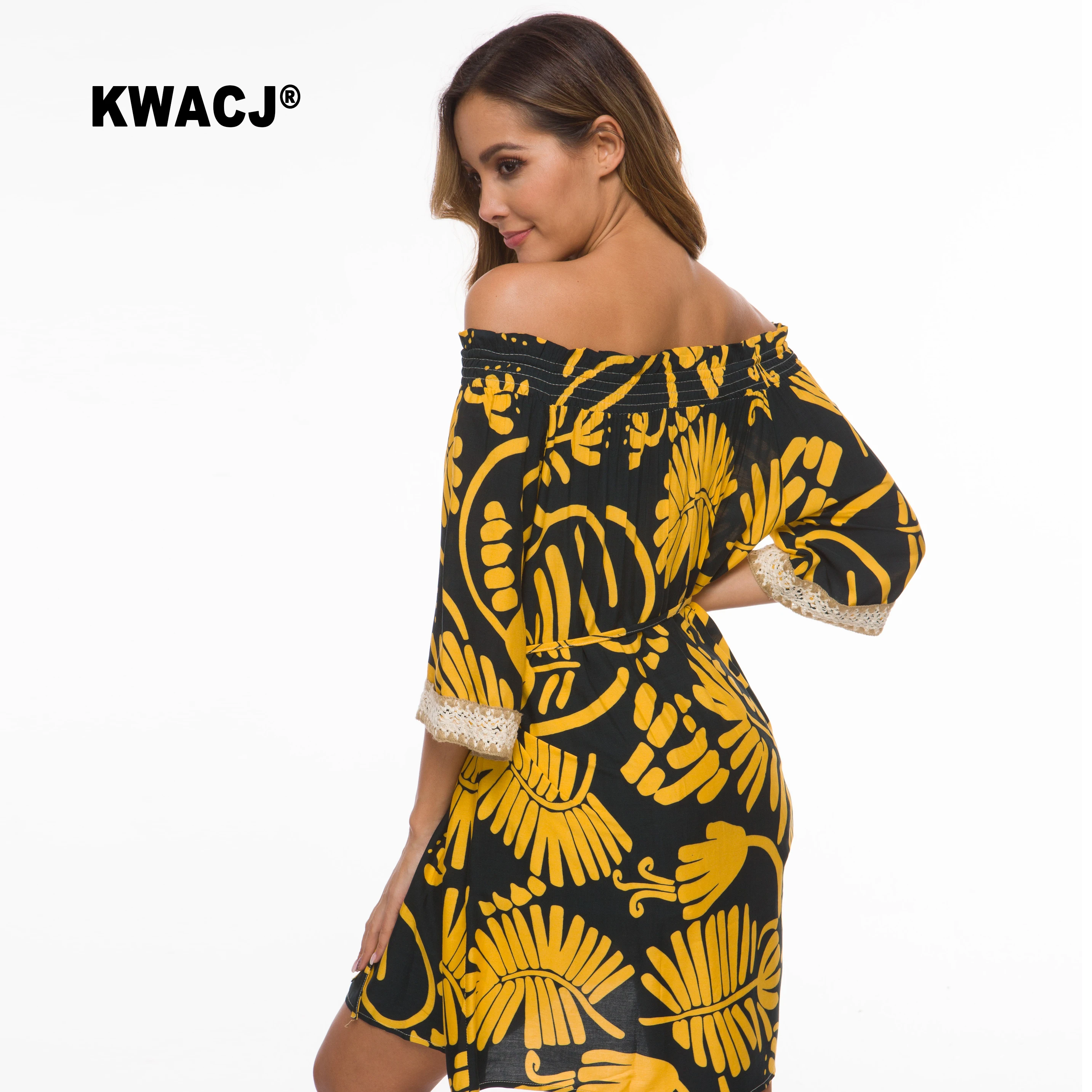 KWACJ Boho желтое платье с цветочным принтом и открытыми плечами женские летние