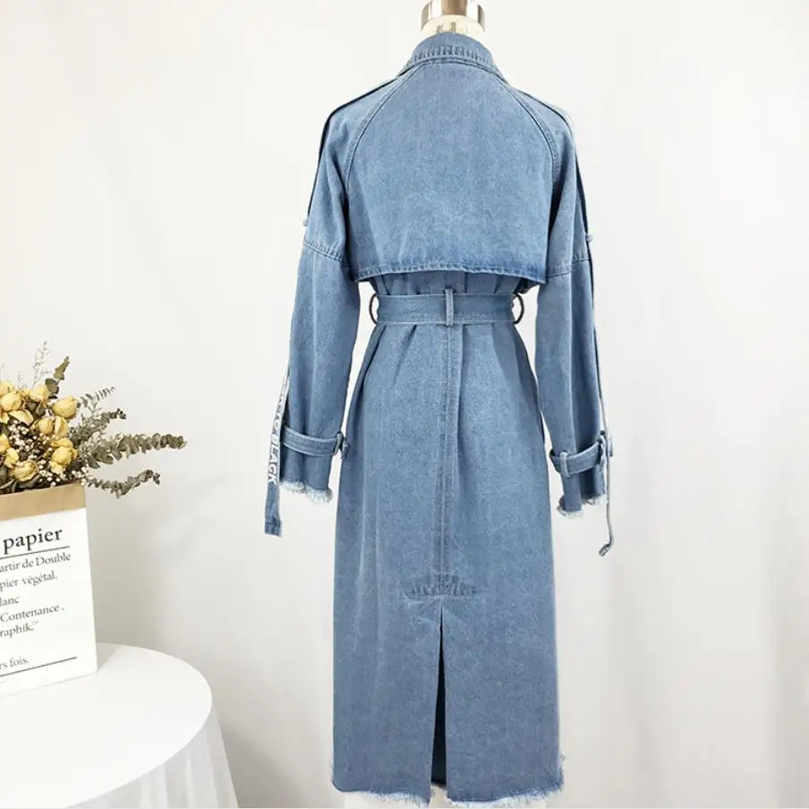 

plus size 4XL! autumn Jeans Coat Women Fashion Belt Slim Denim Trench Coat Long Sleeve Casual Double Breasted Windbreakers