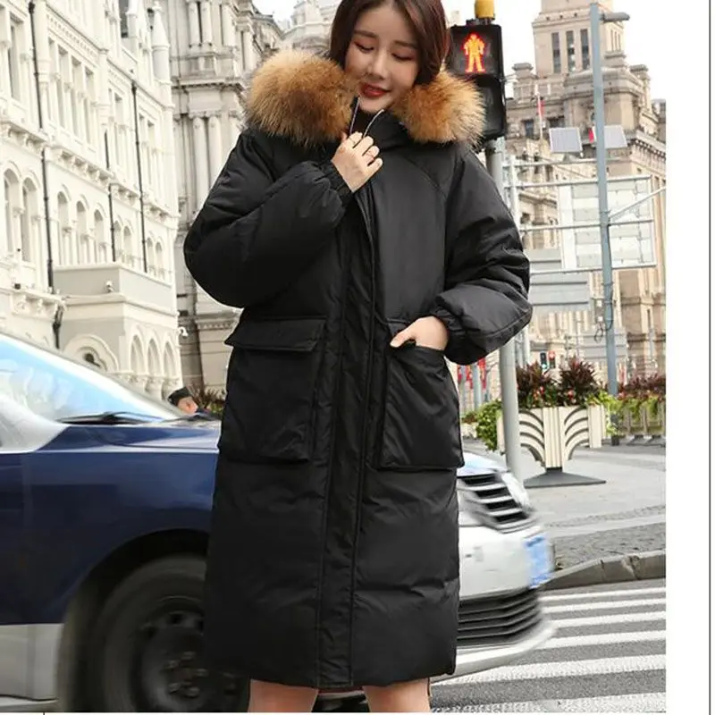 Длинный толстый пуховик с меховым воротником для женщин Белая теплая