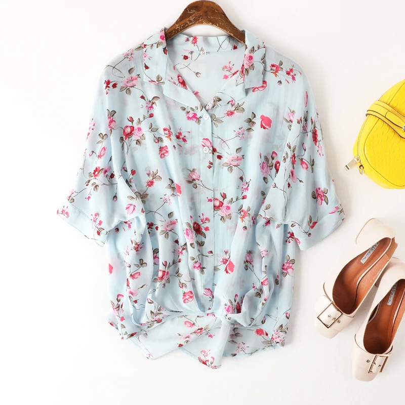 Women Blouse REAL SILK Crepe Floral Print Blouse Shirt Half Sleeved Office Lady Blouses Summer Shirt