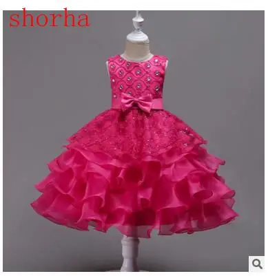 

Girls Flower Formal Party Ball Gown Prom Princess red dress Wedding Children Girl Diamond Princess Dress