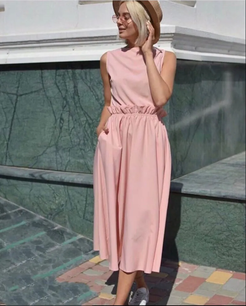 Летнее модное женское однотонное длинное вечернее платье с круглым вырезом и