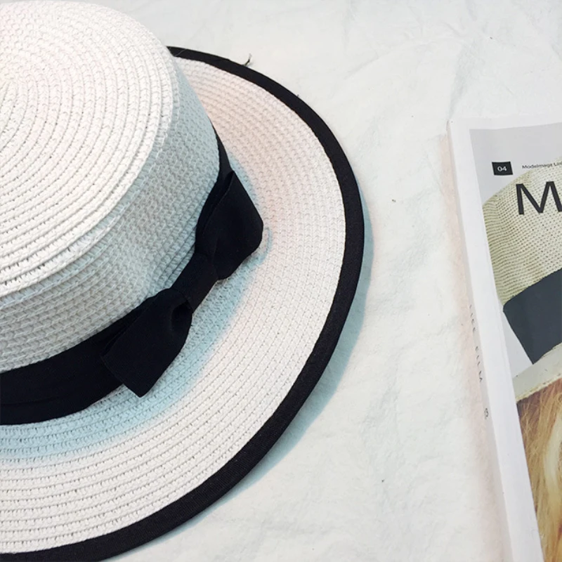 Женская Соломенная шляпка HT915 Белая от солнца с круглым плоским верхом бантом из