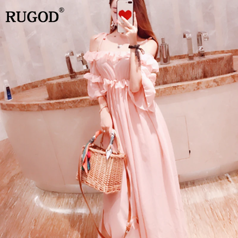 RUGOD 2018 Новое элегантное розовое пляжное платье с рюшами женское Модное шифоновое