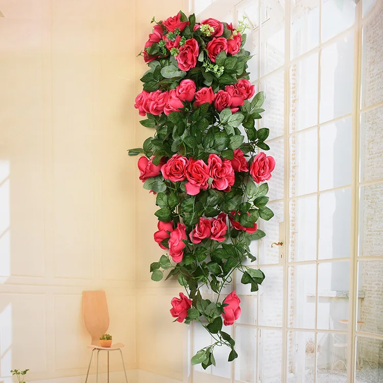 Rose Red Hoomall 90 см поддельные Шелковая Роза цветок на стену, из ротанга винограда искусственные с цветами и зелеными листьями DIY Craft домашний Свадебные украшения - Цвет: Rose Red