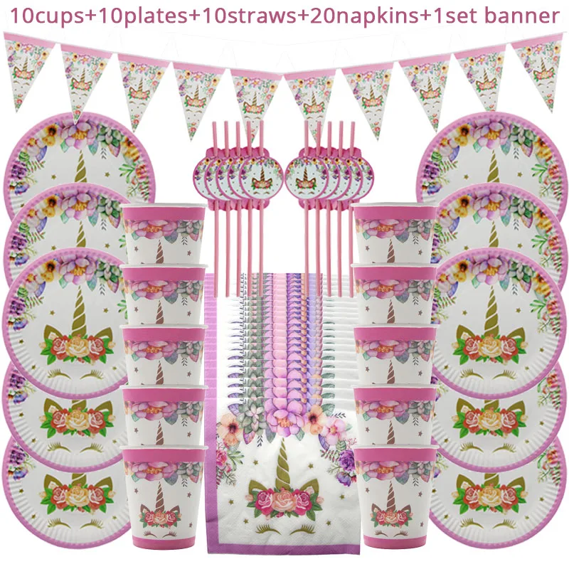 

51pcs Unicorn Party Birthday Party Unicorn Theme Paper Plates Napkins Cups Banner Kids Baby Shower Children Birthday Decorations