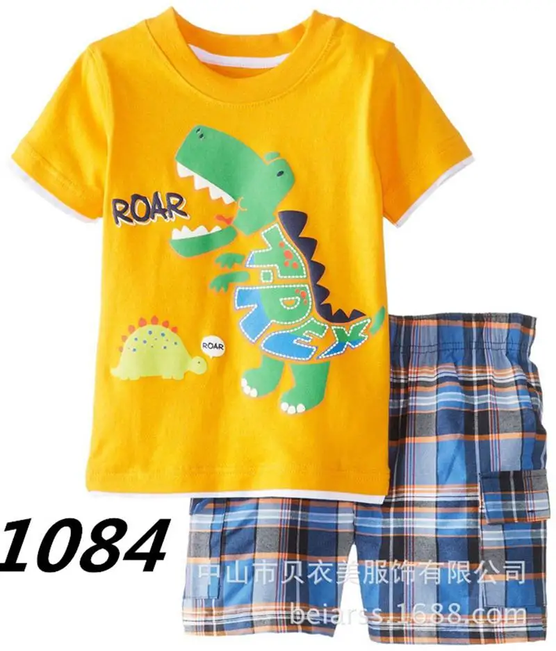 Newest Yellow Dino Boy Clothes Set Children T-Shirt Plaid Pant Suit Kids Outfit 100% Cotton Tops Panties 2 -7 Year Clothing | Детская