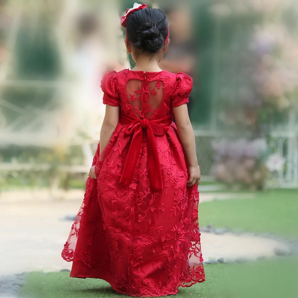 Милое красное платье до щиколотки для девочек свадебное с вышивкой и открытой
