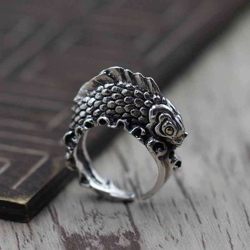 

925 sterling silver jewelry silver to create personalized three-dimensional carved fish Retro Old ring opening ring