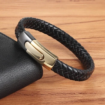 Stainless Steel Magnetic Button Design Genuine Leather Bracelet 4