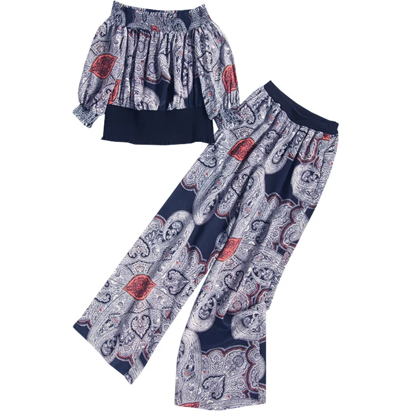 

Slash Neck Summer Outfits For Women Floral Print Two Piece Set Top And Pants Palazzo Pants Suit Ensemble Femme Deux Pieces