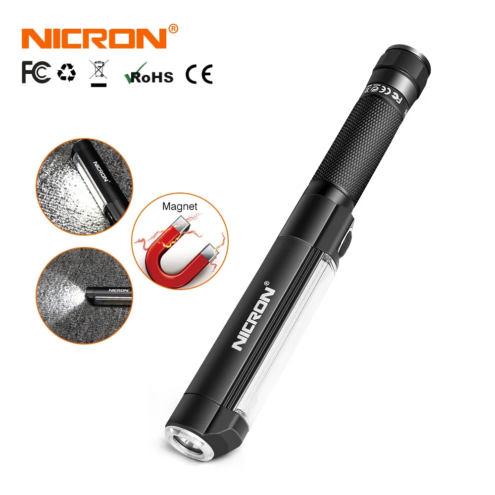 NICRON тонкий рабочий светильник Точечный/COB светодиодный вспышка светильник HandFree 500LM водонепроницаемый IPX4 3* AAA батарея Алюминиевый магнит фонарь светодиодный светильник