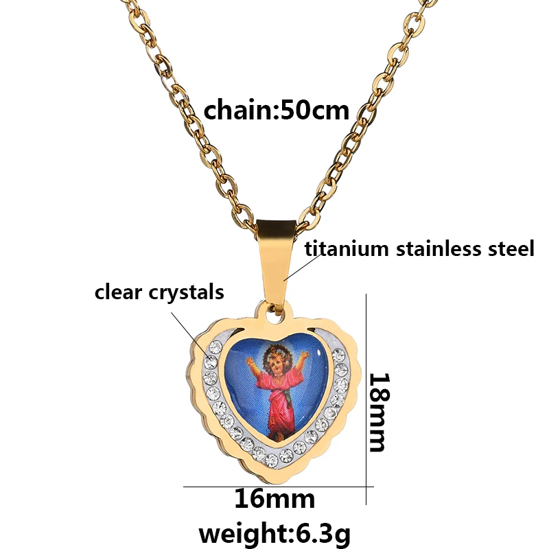 ELSEMODE Clear Crystal Baby Jesus Heart Pendant Necklaces Gold Titanium Stainless Steel Bling Necklace Catholic Jewelry | Украшения и