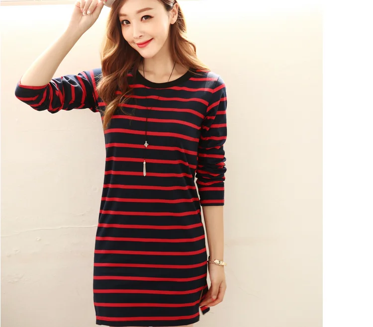 

Autumn winter new long striped cotton long T shirt long-sleeved women's round neck Tops & Tees