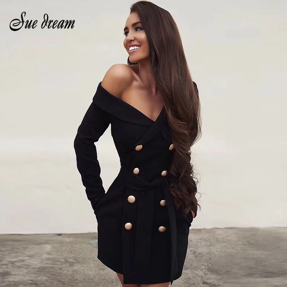 New fashion women's senior sleeve v-neck runway party dress Vestidos Bodycon jacket gold button winter sexy dress
