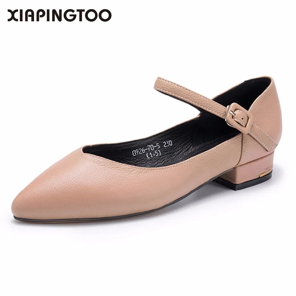 

Women Pointed Toe Cow Leather Buckle Strap Pumps Handmade Sweet Low Heel Rubber Shallow New Arrival Lady Black Retro Shoes Woman