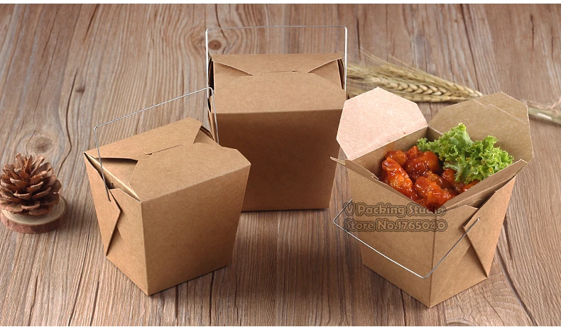 Коробка для ланча из пищевой крафт бумаги с ручкой одноразовые коробки фаст фуда