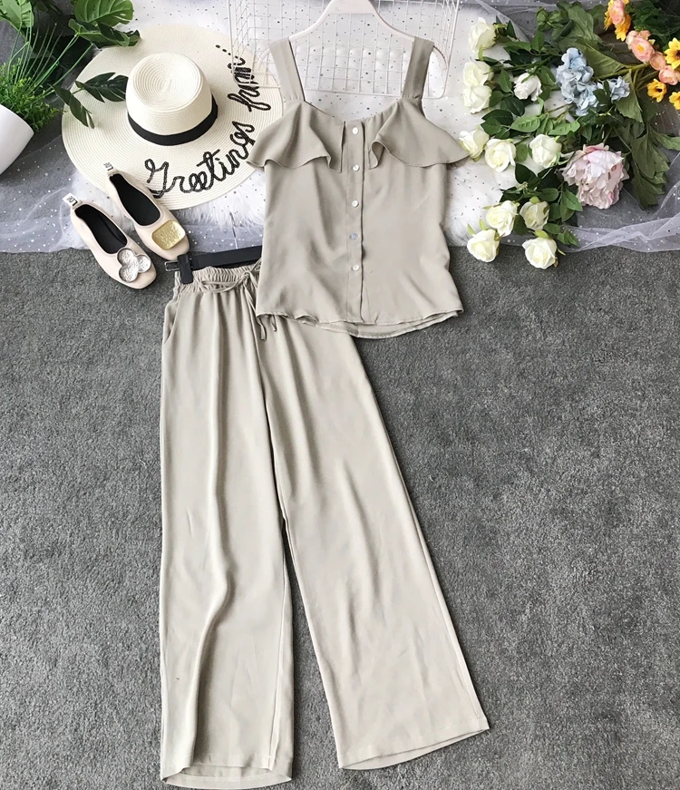 ALPHALMODA/ летний однобортный Топ с оборками+ широкие брюки, Женский повседневный комплект из 2 предметов, женские летние однотонные штаны, костюмы