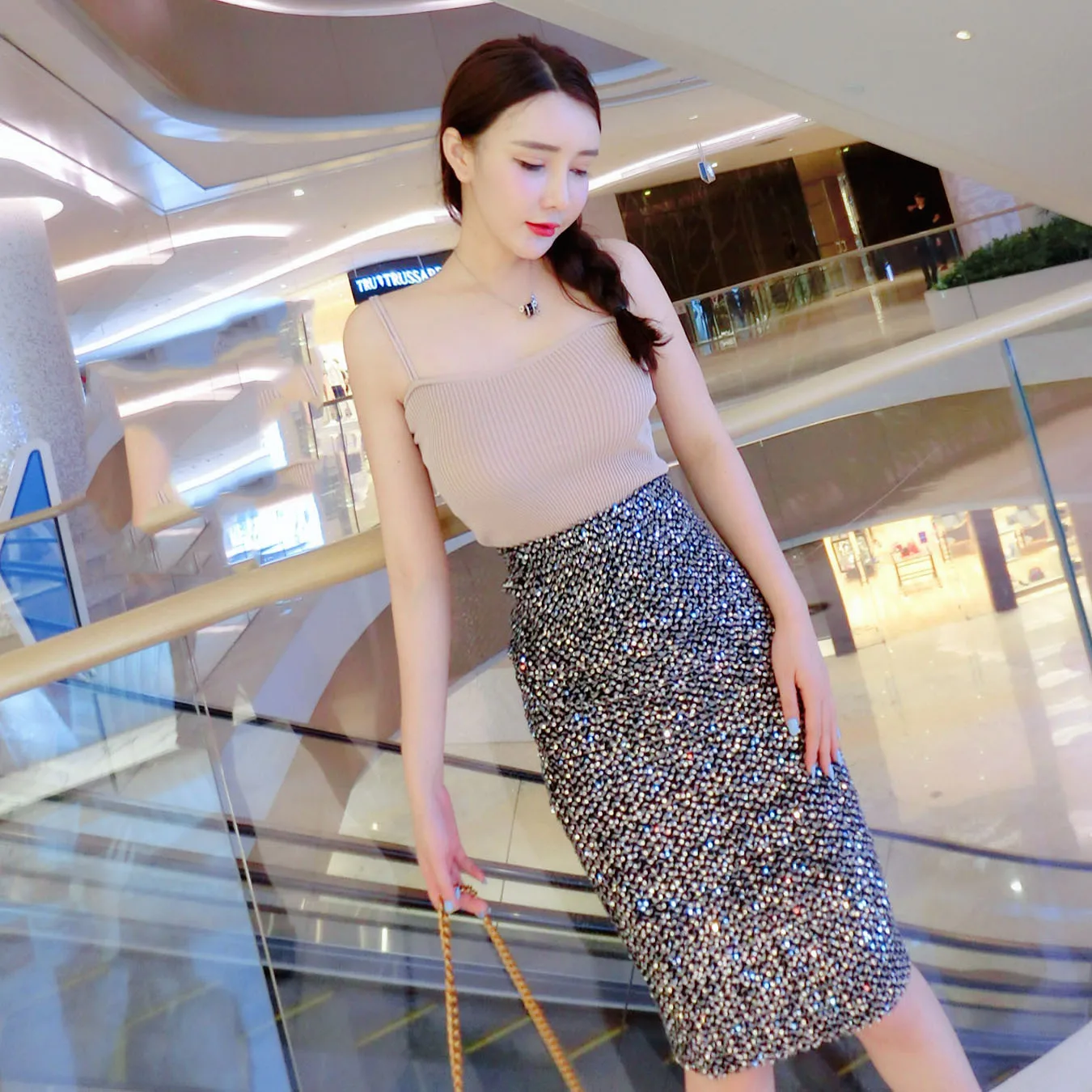 60CM Shining Sequined Patchwork Bodycon Elegant Midi Skirts Womens Office Ladies Sexy Club Skinny High Waist Skirt Spring