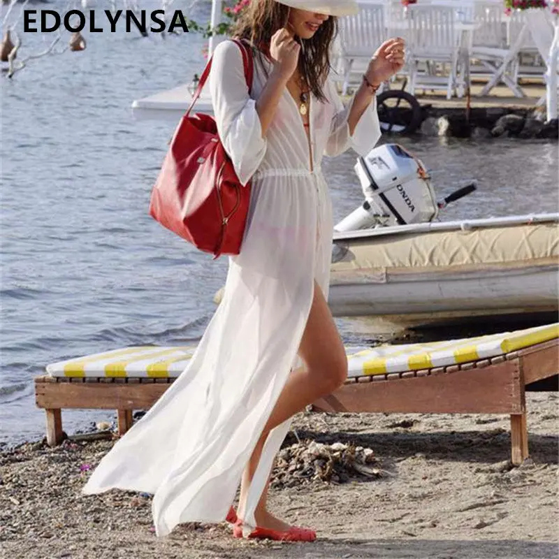 Новое поступление Пляжная накидка белый шифон полупрозрачный пляжный женский