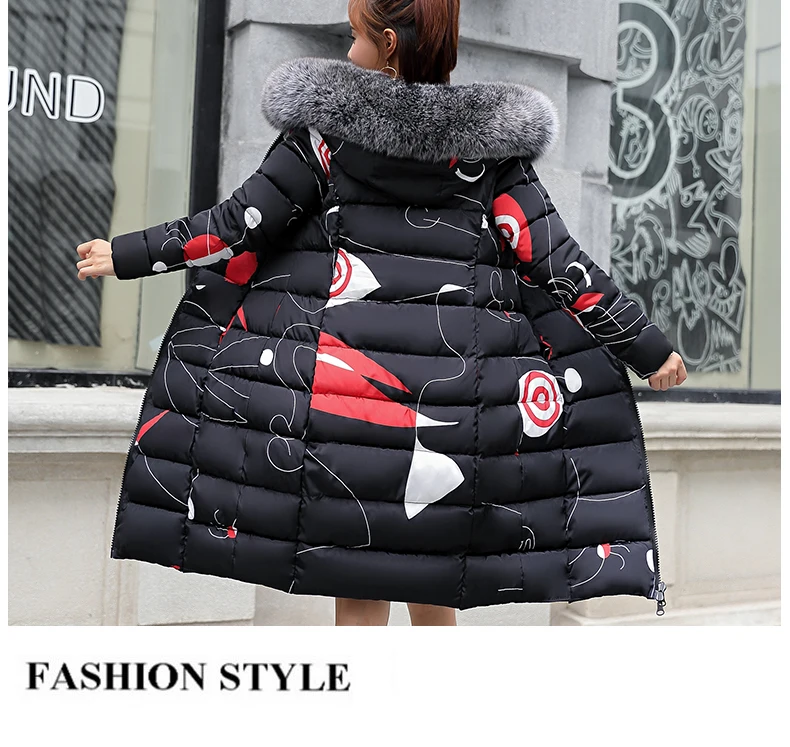 MANDADI winter clothes women fashion cotton padded winter coat women fur collar outerwear hooded print long jacket female