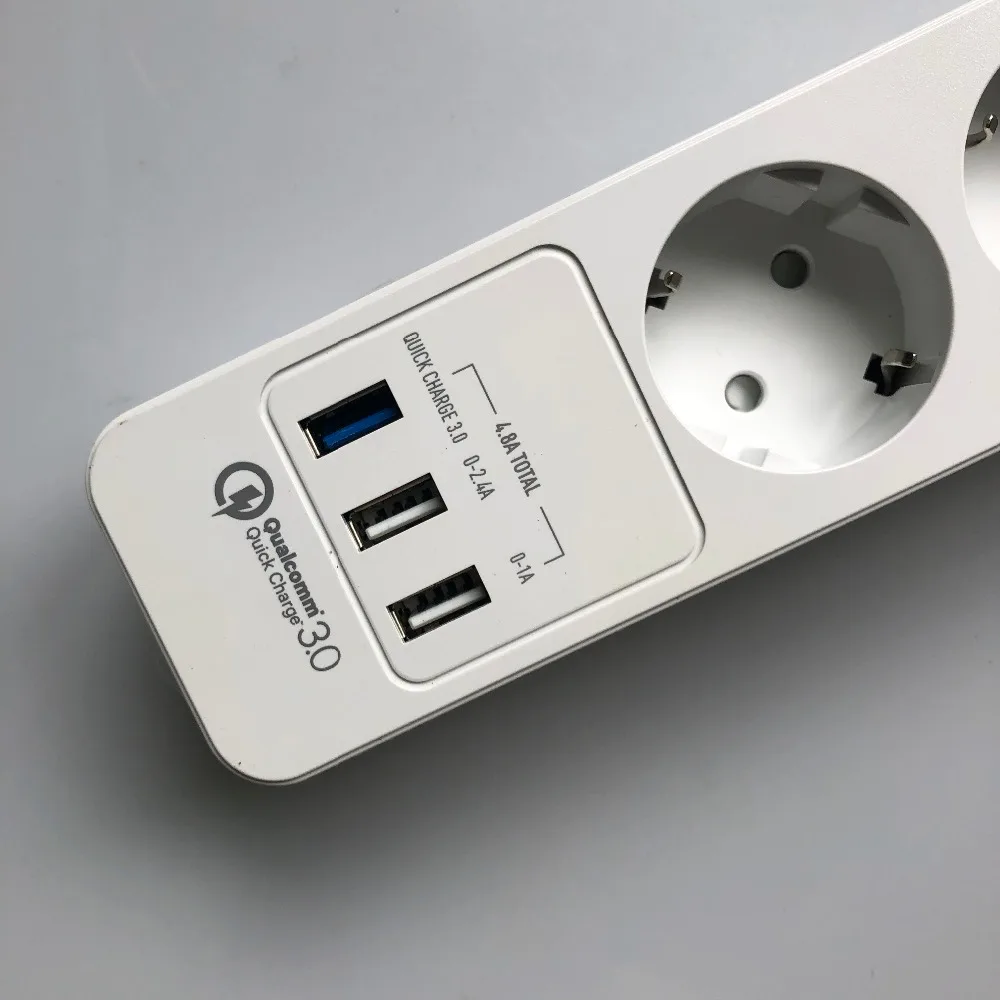 Мощность полосы 3/4/5 AC розетки ЕС Plug стабилизатор напряжения protectorwith с 3 портами(стандарт QC3.0 быстро/быстрое/Быстрый Зарядное устройство и 1,5 м кабель-удлинитель