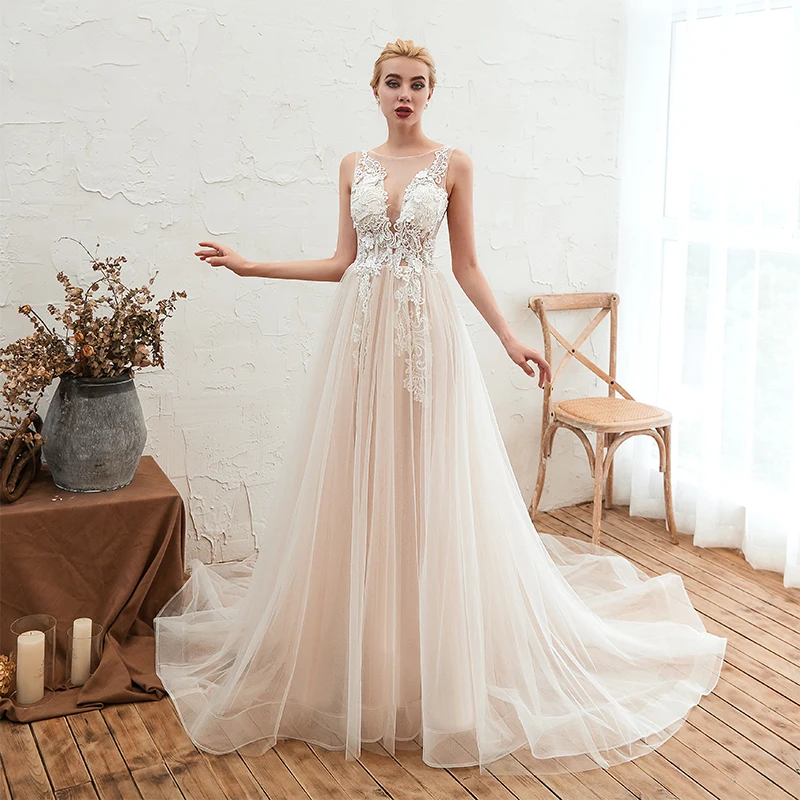 100% Real Photos Wedding Dresses Scoop Neck Sleeveless Illusion Bodice Vestido De Casamento Boho Bridal Dress For Summer | Свадьбы и
