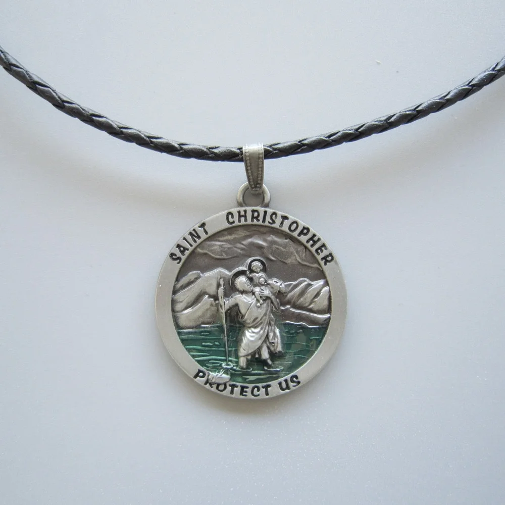 Saint Christopher металлический круглый талисман кулон Религия кожа ожерелье шеи