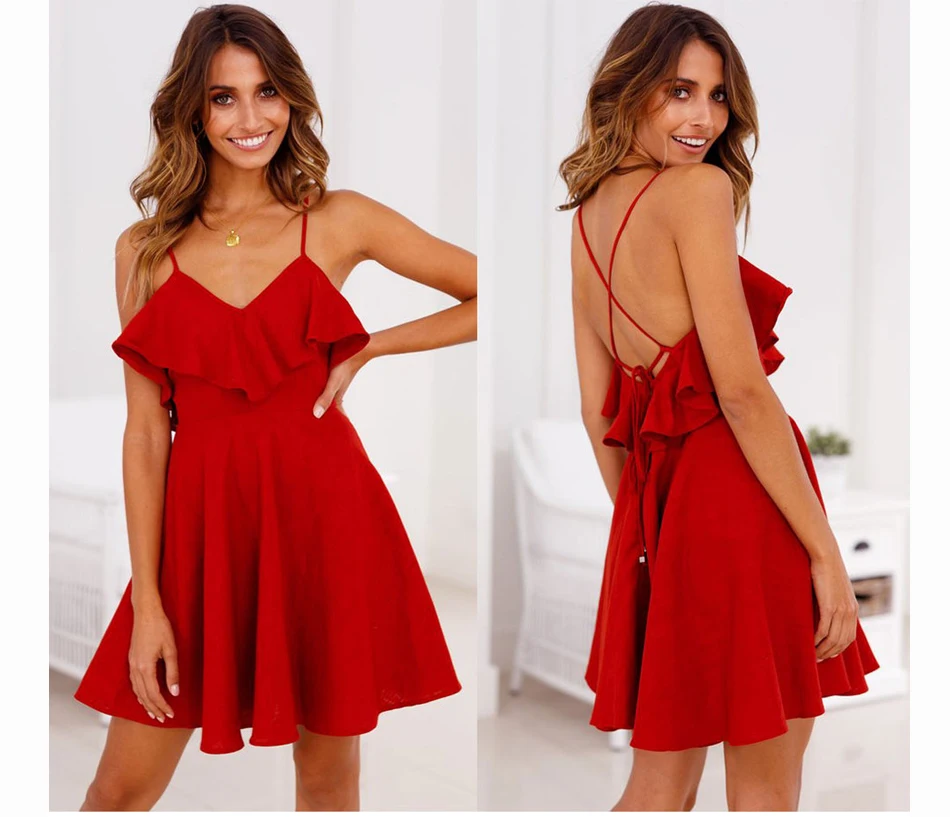 Женское пляжное платье с открытой спиной летнее красное винтажное мини и