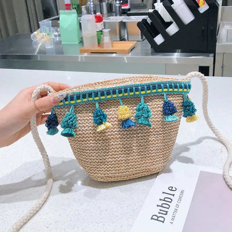 Соломенная мессенджер с кисточкой маленькая плетеная Сумка ведро в стиле бохо