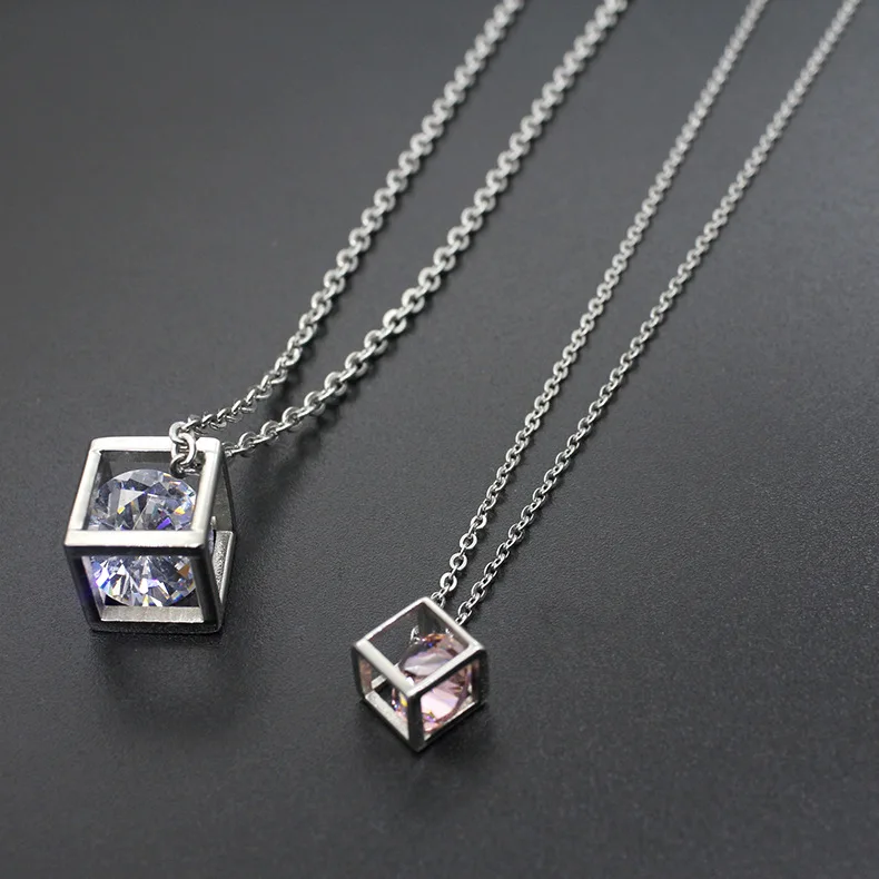 Stainless Steel Pendant Necklace Cube with White Pink Cubic Zircon Pendants for Women Fashion Jewelry 45cm Chain Free |