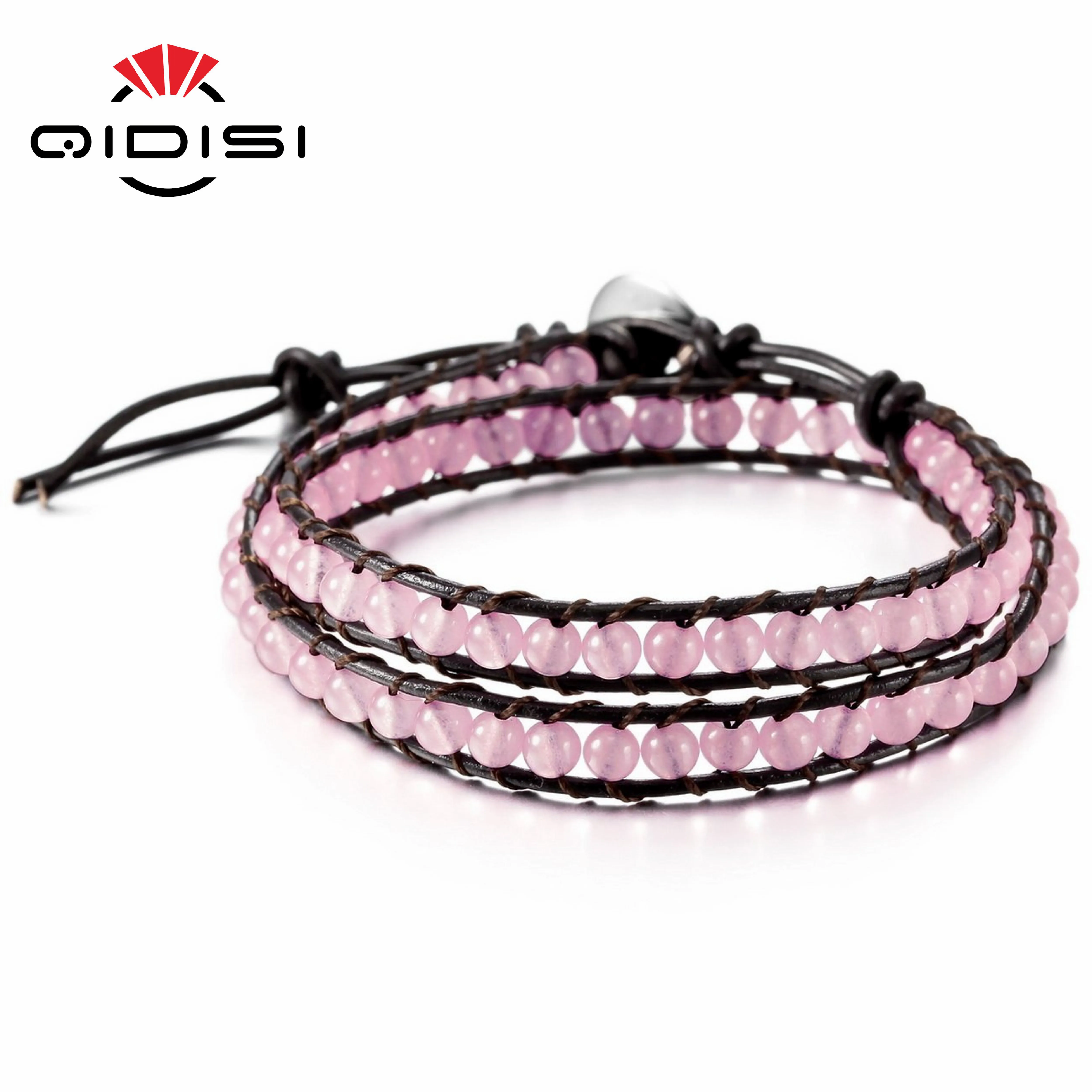 Pink Новинка, модный кожаный браслет с камнем, Браслет-манжета из бусин, 2 обруча, очаровательные браслеты, женские браслеты,, массивные ювелирные изделия, вечерние - Окраска металла: Pink