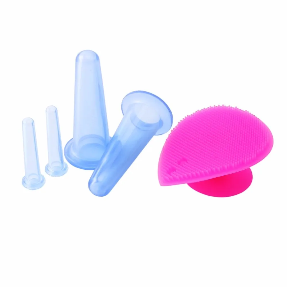 

5pcs/set Silicone Face Cupping Cups Jar Vacuum Cans Facial Lifting Body Back Eye Massage+Cleansing Brush Anti-cellulite Massager