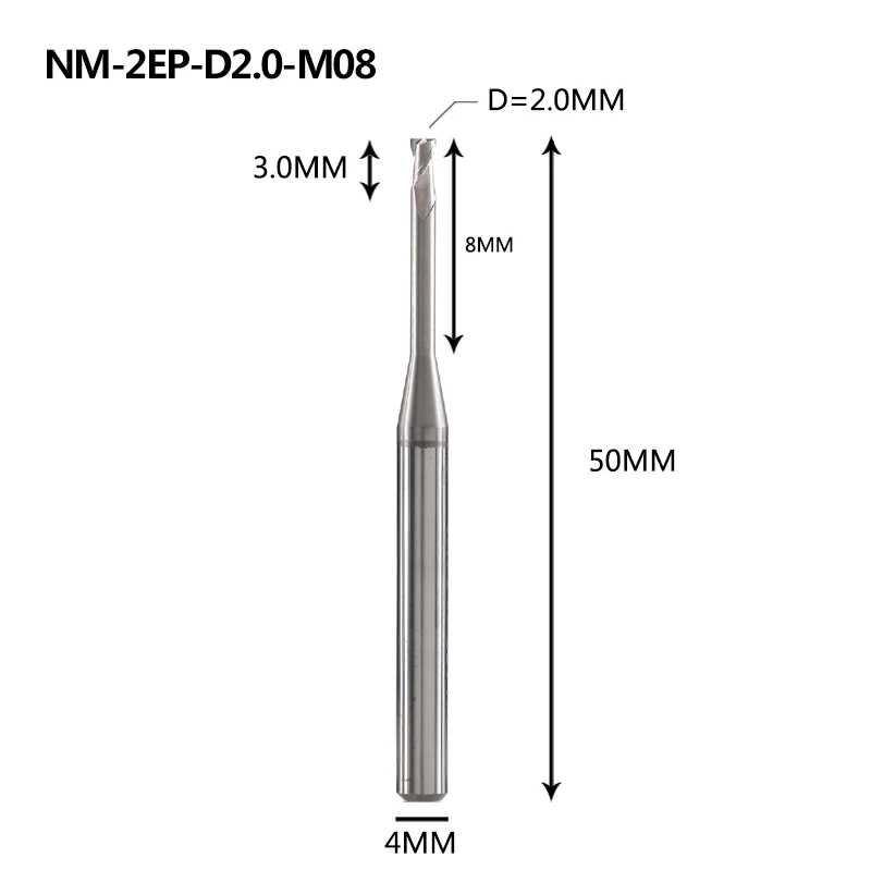 NM-2EP Вольфрамовая сталь 2 Флейта квадратная длинная шея с покрытием Концевая фреза Фрезерный резак режущие инструменты для меди и алюминиевого сплава - Длина режущей кромки: NM-2EP-D2.0-M08