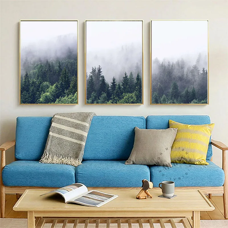 Минималистичные скандинавские туманные картины на холсте с зеленым лесом