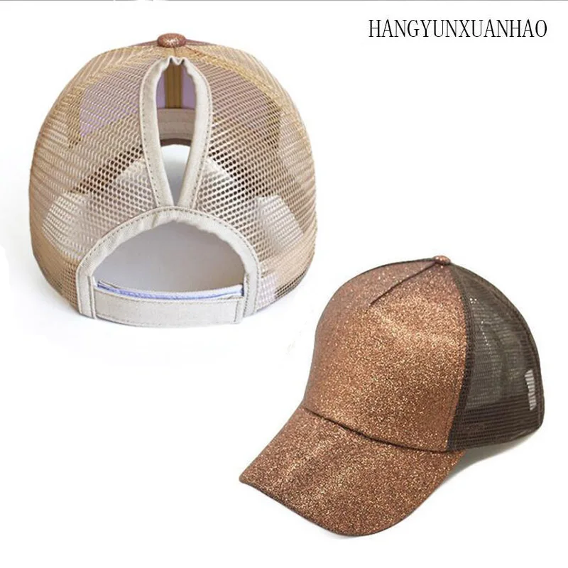 

2019 Glitter Ponytail Baseball Cap Women Mesh Baseball Hats Summer Sequins Beach Cap Snapback Girl Glitter Sun Hats