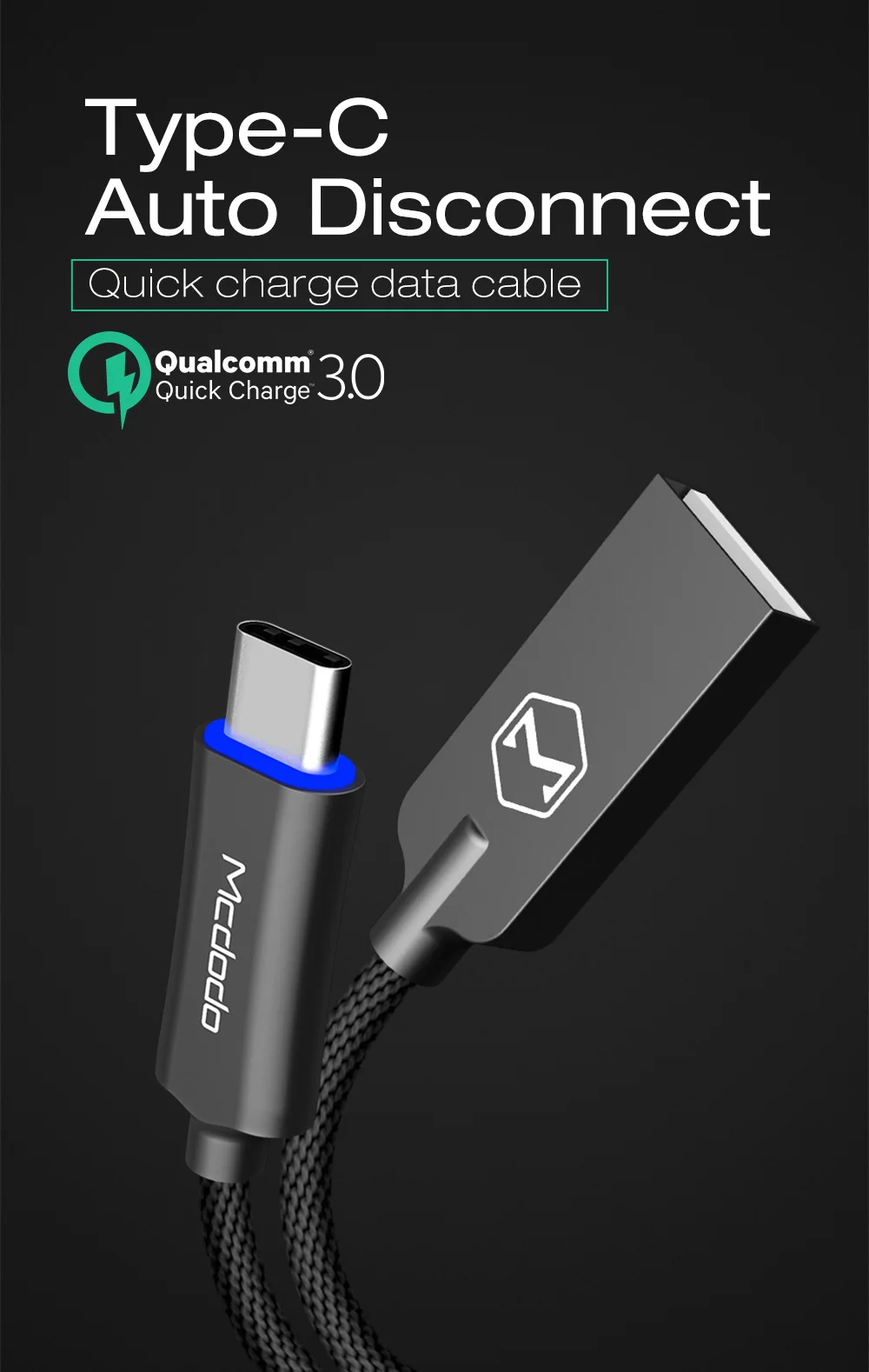 Mcdodo кабель usb type C QC3.0 кабель для быстрой зарядки для huawei Xiaomi samsung S10 9 автоматическое отключение зарядного устройства usb-кабель type C