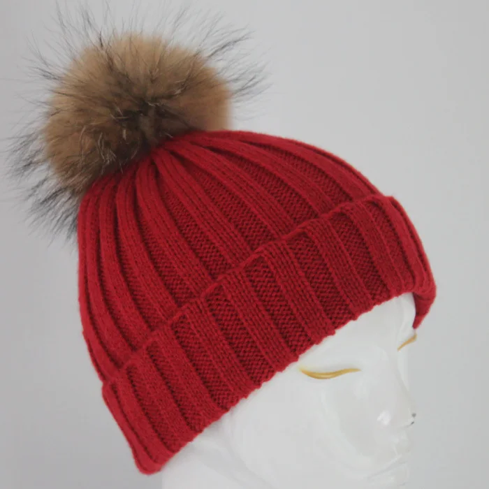 Зимой beanie связанный шлем меха образный колпачок для женщин и теплые зимние человек трикотажные шапочки ёенщин крышки и меховой шапке - Цвет: red
