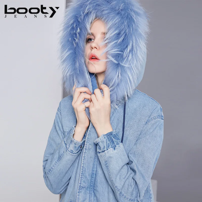 Bootyjeans, розовое, синее, настоящее Женское пальто с мехом, воротник из лисьего меха, парки с капюшоном, верхняя одежда, длинная, кроличья шерсть, меховая подкладка, зимнее пальто