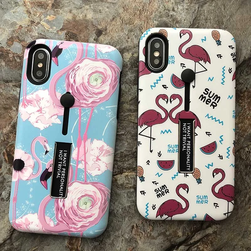 Kerzzil Cartoon Flamingos Floral Flower Vintage Case For iphone 7 8 Plus Holder Stand Phone Cover for X 6 6s Back | Мобильные