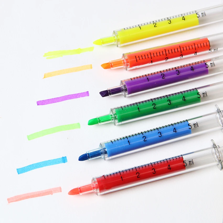 

6PCS Cute Kawaii Novelty Nurse Needle Syringe Shaped Highlighter Marker Marker Pen Stationery School Supplies